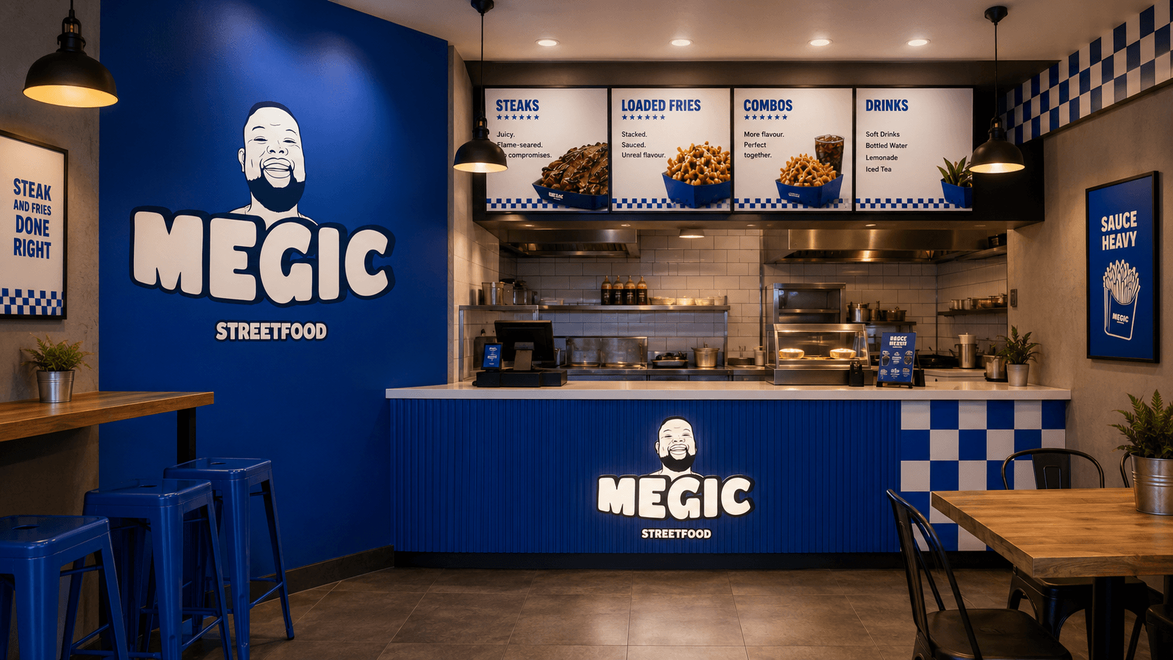 Inside a Megic Streetfood restaurant — blue counter, digital menu boards and neon 'Steak and fries done right' sign